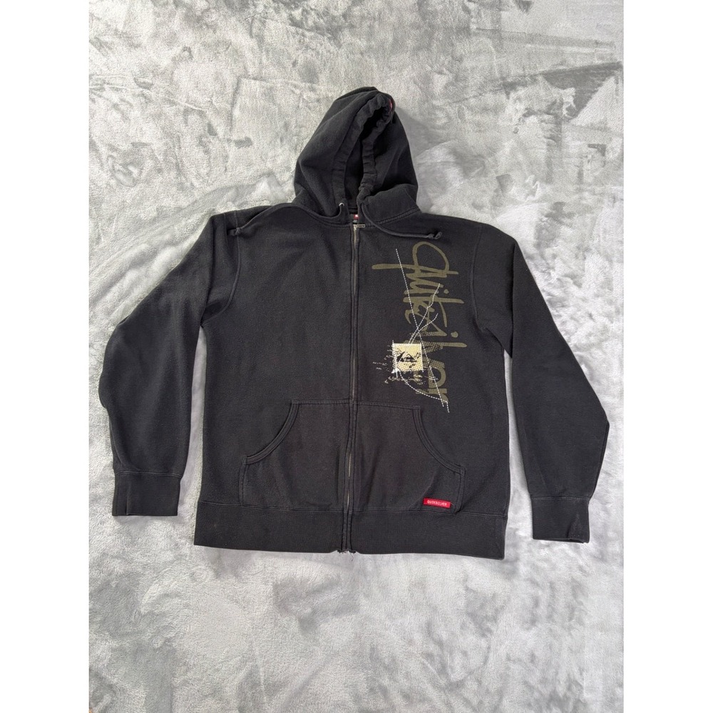 Y2k Vtg Quiksilver Skateboarding Hoodie Mens L Black Full Zip Hooded Drawstring